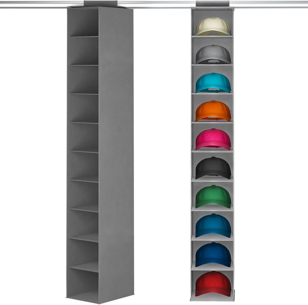 Lifewit 10 Compartments Hat Organizer for Baseball Caps, 1 Pack Hat Rack Hanging Storage organizer, Non-Woven Fabric Display Shelf Holds Up to 40 Hats, Cap Holder Hanger for Closet, Bedroom, Grey (Gray)