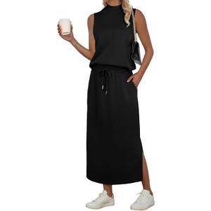 GRECERELLE Two Piece Skirt Sets for Women Sleeveless Mock Neck Top Split Maxi Skirt Vacation Travel Matching Set with Pockets (Medium, Black)