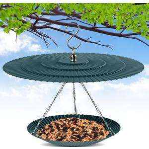 7.7" Metal Bird Feeder Hanging Outdoor, Small Bird Feeder with Squirrel Baffle, Birdfeeder Cover Shield Umbrella Weather Guard, Green