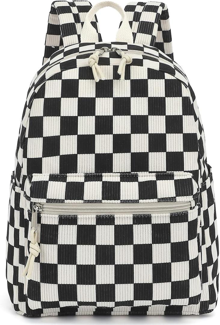 Corduroy Mini Backpack Purse Fashion Small Backpack Casual Daypack for Women Girls School Travel (Checkered Black)