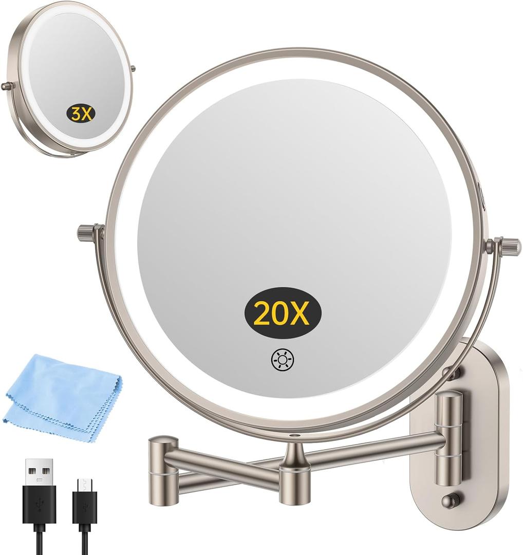 FUNTOUCH 3X/20X Wall Mounted Lighted Makeup Mirror,5000mAh Rechargeable Double Sided Magnifying Bathroom Mirror with Lights,3 Color Lighting,Touch Dimmable,Extended Arm 360 Rotation Light up Mirrors