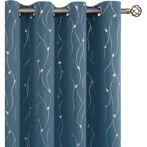 BGment Room Darkening Curtains 84 Inches Long, Grommet Thermal Insulated Blackout Curtains with Wave Line and Dots Printed for Bedroom, 2 Panels, Each 52 x 84 Inch, Steel Blue