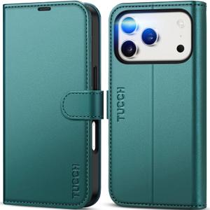 TUCCH Wallet Case for iPhone 17 Pro (6.3") 2025, 4 Card Holders | RFID Blocking | Stand | Shockproof TPU Shell | PU Leather | Magnetic Closure | Protective Flip Folio Cover | Bluish Green
