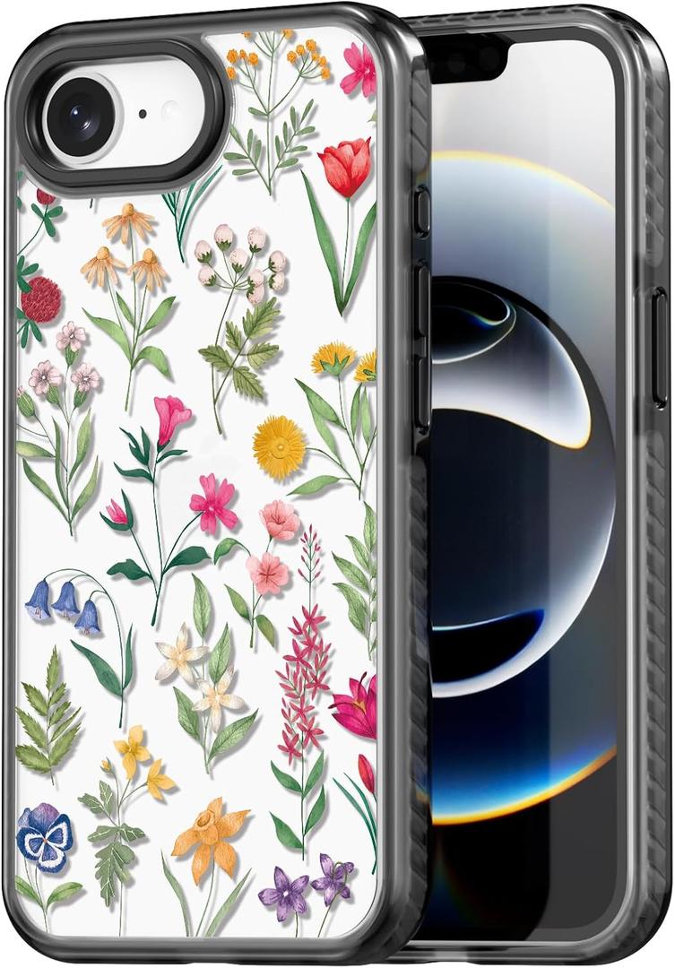 Compatible for iPhone 16E Case Cute - Durable Shockproof 6.6 ft Drop Impact Phone Case - Black Funny Nature Flower Design for iPhone 16 SE 4 6.1"