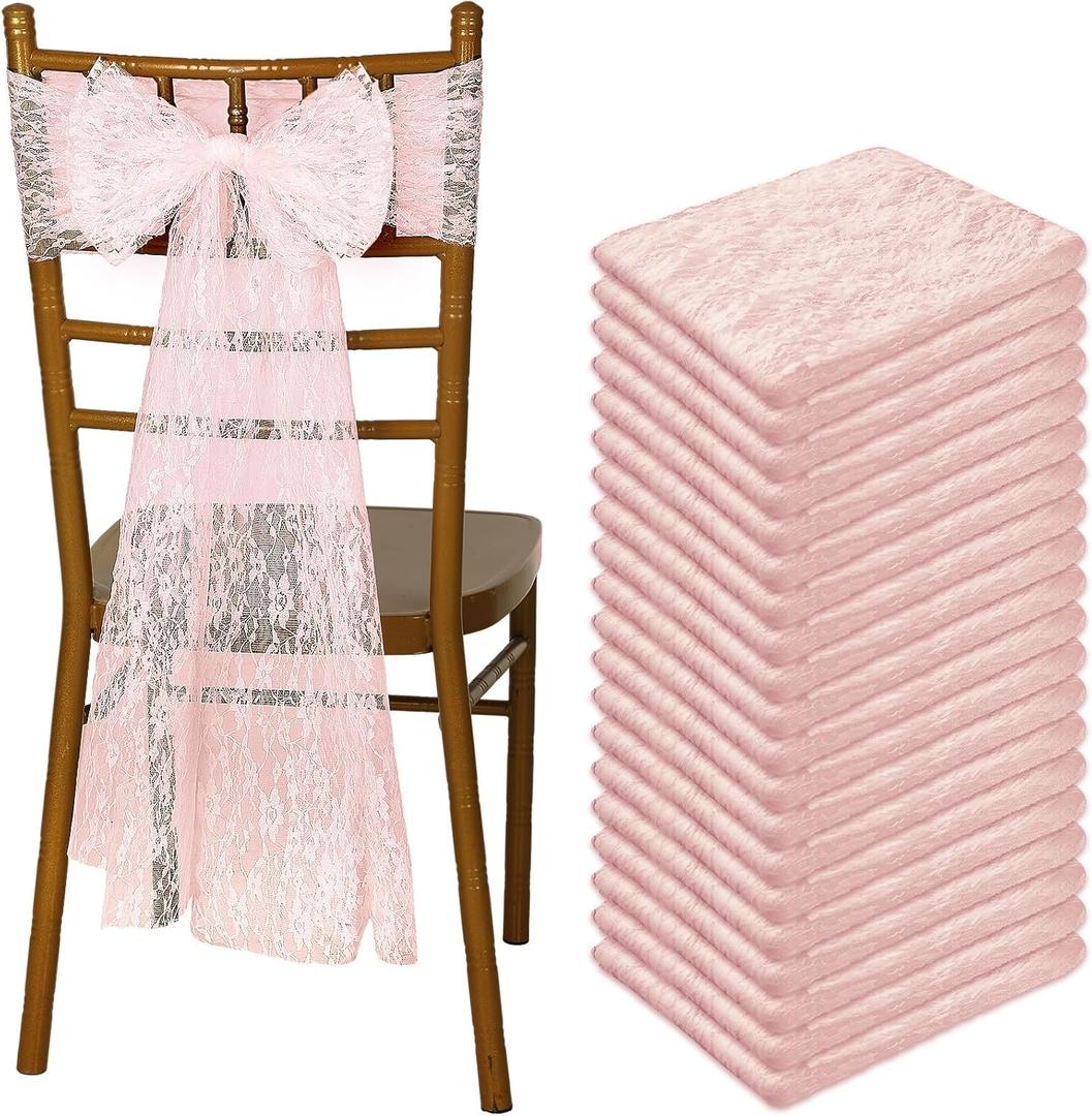 VitalCozy 50 Pcs Vintage Chair Sashes Embroidered Boho Bows Rustic Floral Chair Ties for Wedding Bridal Shower Baby Shower Birthday Party Table Decoration, 7 x 108 Inches(Lace,Pink)