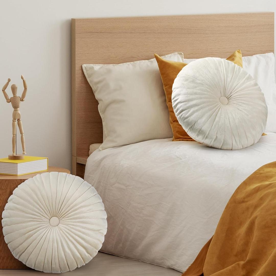 Namalu Round Throw Pillow 13.8 Inch Decorative Round Velvet Floor Pillows Small Pumpkin Throw Cushion for Living Room Sofa Bed(Beige, 2 Pcs)