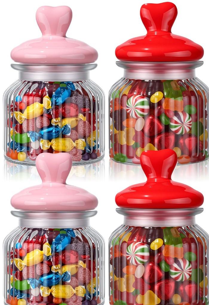 4 Pcs Valentine's Day Glass Cookie Candy Jar with Heart Lids 22 oz Cute Glass Food Storage Containers for Food Storage Kitchen Home Counter Decor (Red,Pink and white)