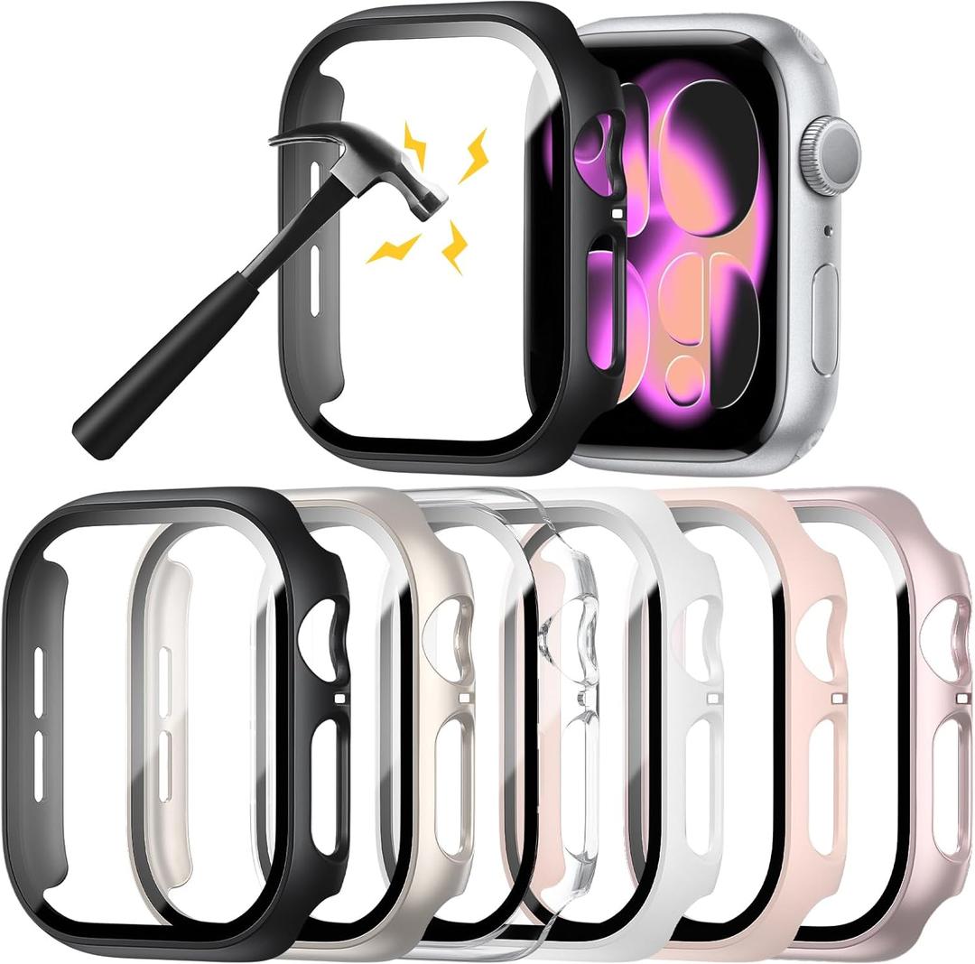 Rontion 6 Pack Hard PC Case Compatible with Apple Watch Series 11/10 42mm with Tempered Glass Screen Protector, Ultra-Thin Scratch Resistant Protective Bumper Cover for iWatch 11/10 42mm Accessories (Black+Starlight+Clear+White+Pink+Rose Gold)