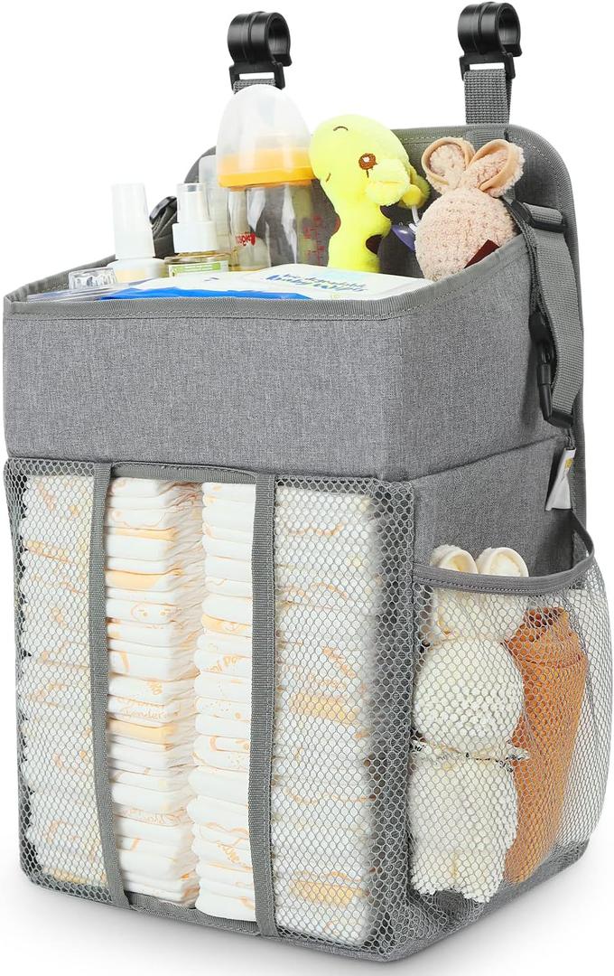 Maliton Changing Table Diaper Organizer - Baby Hanging Diaper Stacker Nursery Caddy Organizer for Cribs Playard Baby Essentials Storage - Hold 52+ Diapers - 18.5" x 10.5" x 8" (Gray) (Grey)