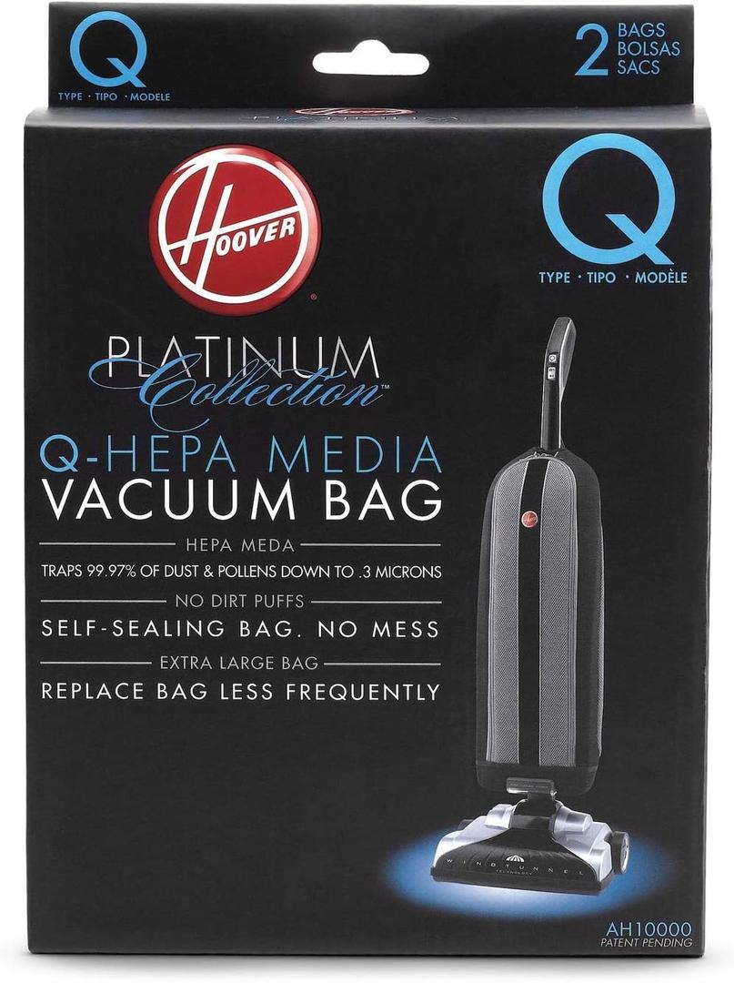 Hoover Vacuum Cleaner Bags for Platinum Upright Vacs, Pack of 2, Type Q, Hepa Filtration, Part # AH10000, Hoover Vacuum Bags Refill