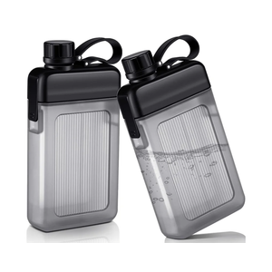Honeydak 2 Pcs Flat Water Bottle 13oz Plastic Flask for Liquor Slim Square Bottles Portable Travel Mug Pocket Flask for Outdoor Sports (Black)
