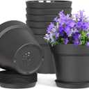 4 Inch Plastic Plant Pots with Drainage Holes and Trays  8 Pack Small Nursery Pots for Indoor & Outdoor House Plants and Flowers, Seedling Starter Planters, Matte Black