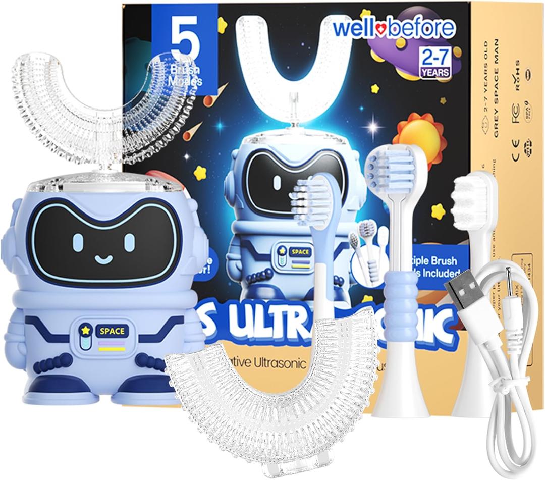 Well Before Ultrasonic Kid's U-Shaped Electric Toothbrush, IPX7 Waterproof, Five Cleaning Modes (Spaceman, Blue Ages 2-7)