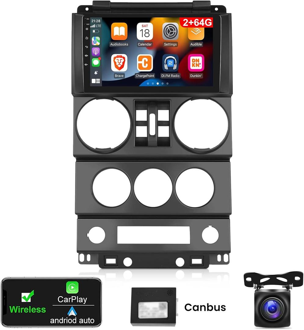 [2G+64G] Car Radio for Jeep Wrangler 2007 2008 2009 2010 (4 Door), 9 inches Android 13 Touch Screen Stereo, Carplay/Android Auto/Hi-Fi/1080P/Bluetooth/SWC + AHD Backup Camera