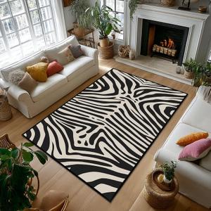 Zebra Print Area Rug 5x7,Zebra Pattern Area Carpets for Bedroom,Beige White and Black Living Room Carpet Ultra-Thin Washable Throw Floor Rugs Indoor Non Slip Accent Floor Mats for Dining Room,Laundry