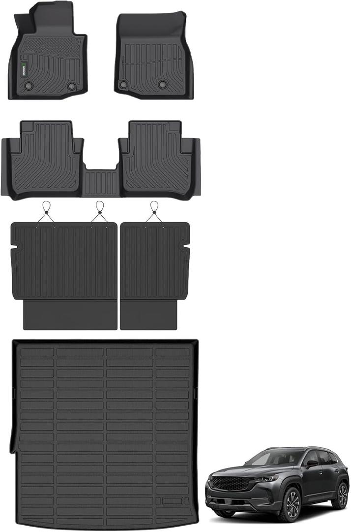 ANBINGO Floor Mats & Seatback Cargo Liner for 2025 2026 CX-50 Hybrid/All Weather TPE Mazda CX50 Floor Liners / 1st & 2nd Row Custom Mats Full Set / (Velcro Tape Fixed Backseat) Accessories - Black