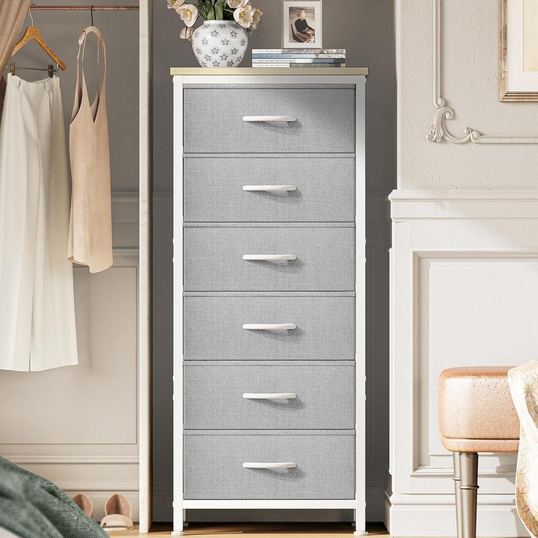 Huuger 43.3 Inch Tall Dresser for Bedroom, 6 Drawer Night Stand & Chests of Drawers, Fabric Dresser for Closet, Bedroom, Nightstand, End Table with Metal Frame, Storage Tower with Fabric Bins, Grey