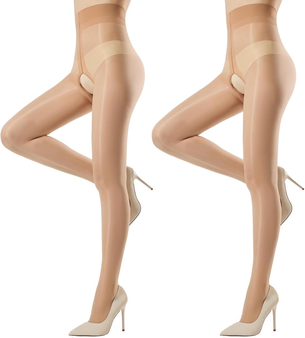 Yilanmy 2 Pairs Shiny Sheer Tights for Women Oil Shimmer Pantyhose Control Top Glossy Stockings (White, S)