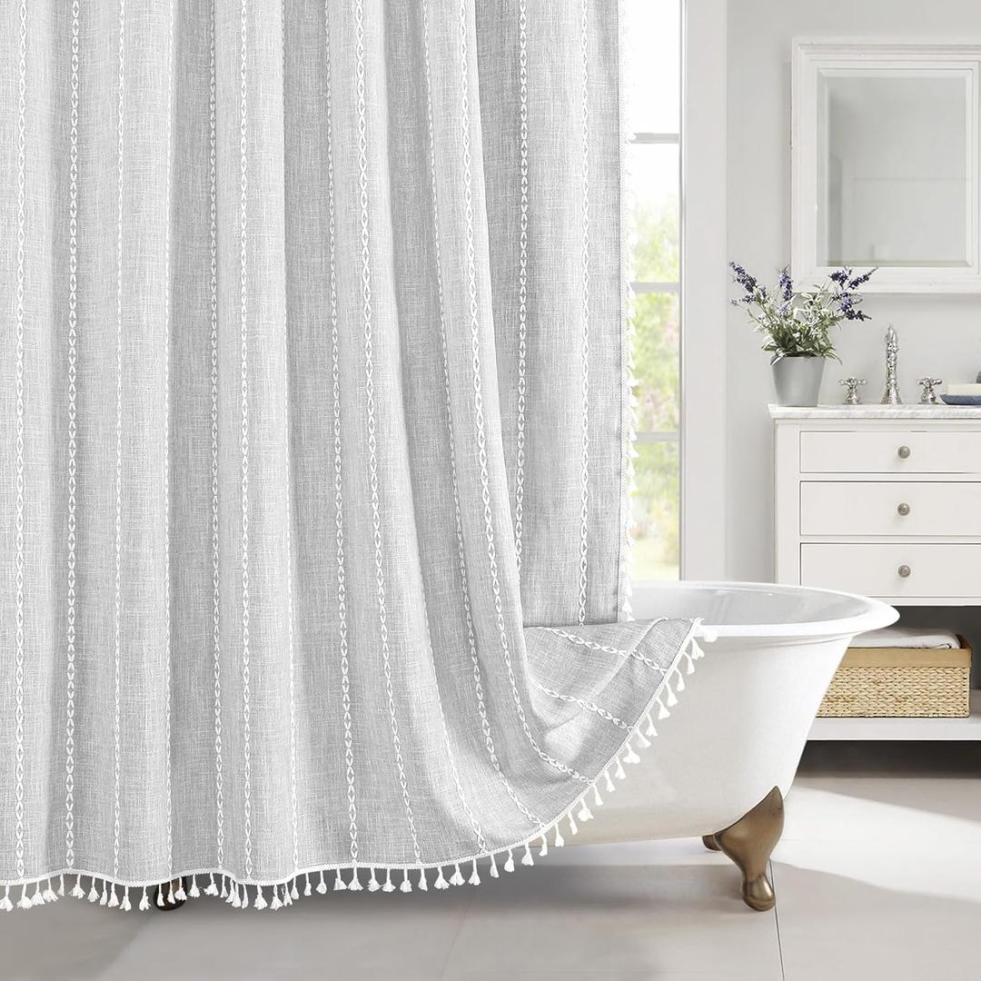 MitoVilla Boho Farmhouse Shower Curtains for Modern Farmhouse Bathroom Decor, Grey Country Thick Polyester Linen Fabric Shower Curtain, Rustic Tassel Cloth Shower Curtain, 72 x 72, Light Grey