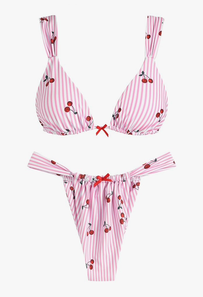 ZAFUL Small Bikini Sets for Women Triangle Bow Decor Ruffle Straps Lace up Swimsuit 2 Pieces High Cut Bathing Suits