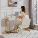 Vanity Chair with Storage, Comfy Ottoman with Folding Back, Faux Fur Vanity Stool with 4 Metal Legs for Make Up, Furry Padded Seat with Anti-Slip Feet for Bedroom Dressing Room