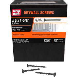 Grip-Rite 158CDWS5 #6 X 1-5/8" Phillips Bugle Head Coarse Thread Sharp Point Drywall Screw, 5lb Box