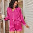 Ekouaer Satin Pajama Set for Women Button Down Pj Set Long Sleeve Top and Shorts 2 Piece Loungewear Summer Soft Sleepwear (Pink, M)