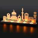 Ramadan Mubarak Decorations Islamic Candle Holder with 5 Tea Candles Eid Mubarak Metal Sign with Wood Base Ramadan Kareem Table Centerpieces Eid Al Fitr Muslim Party Gifts