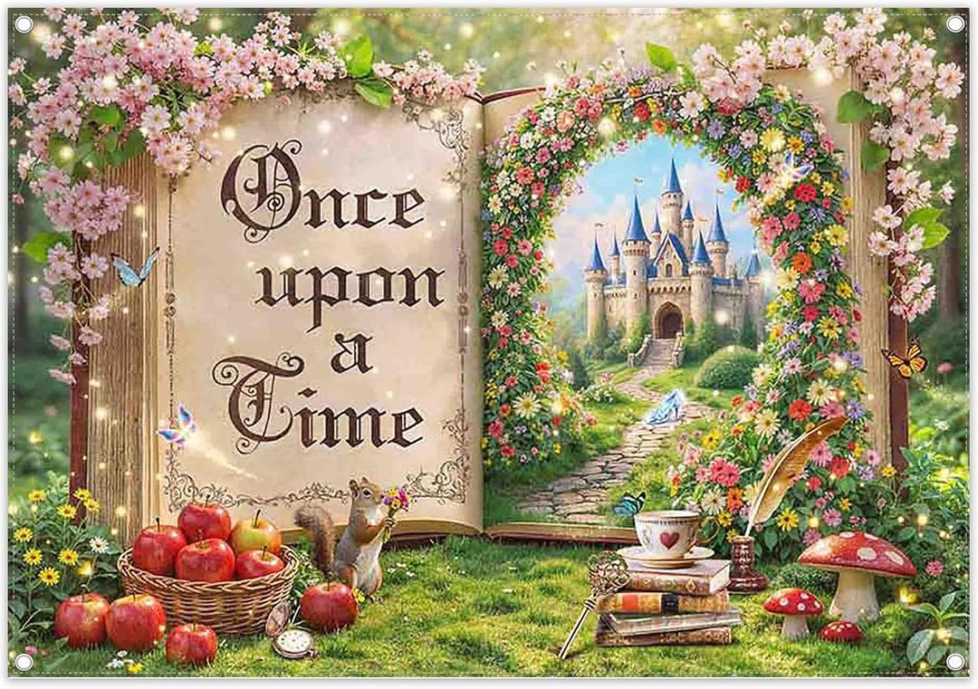 7x5ft Fairy Tale Magic Book Backdrop Enchanted Forest Castle Princess Floral Arch Photography Background Wedding Birthday Party Decorations Photo Banner Props