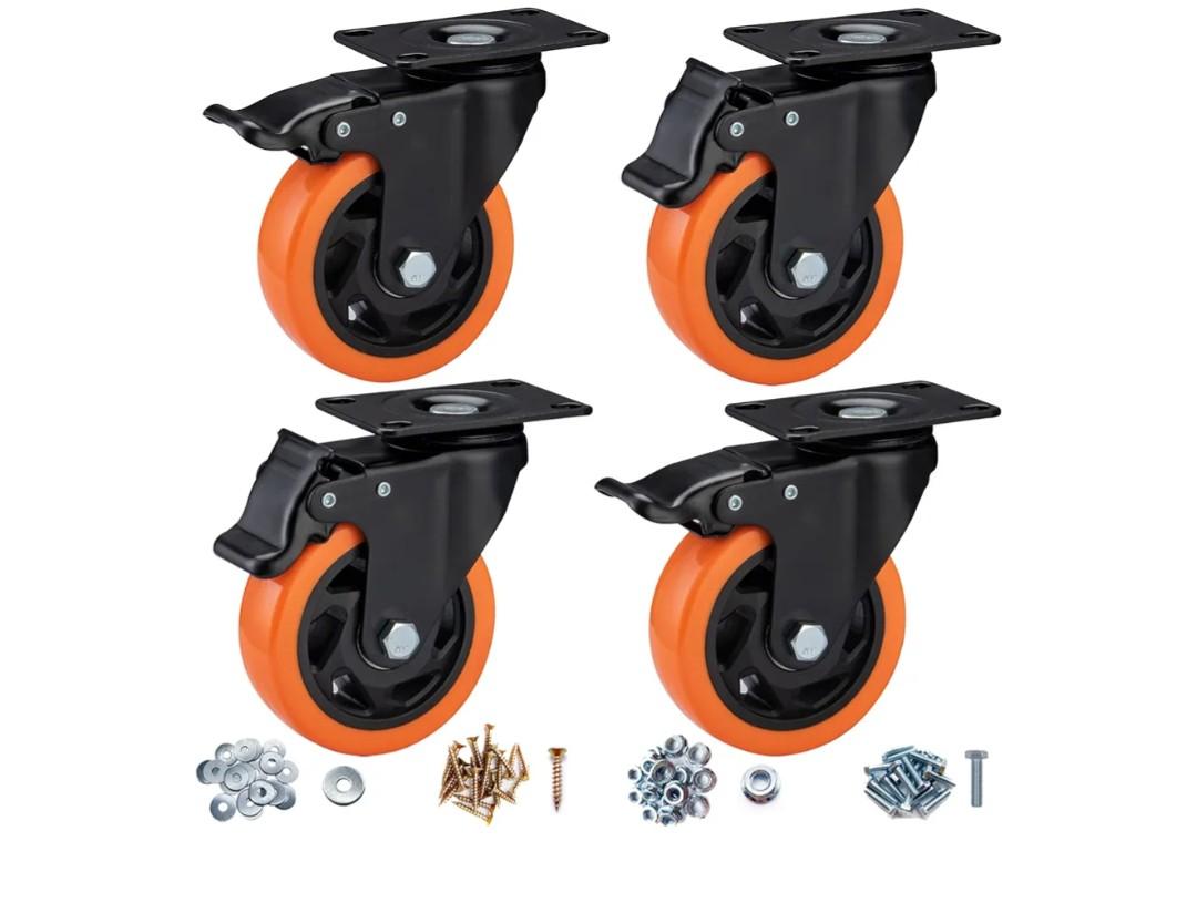 4" Caster Wheels, Casters Set of 4 Heavy Duty - Orange Polyurethane Castors, Top Plate Swivel Wheels, 4-Pack Industrial Casters with Brake, Locking Caster for Furniture and Workbench