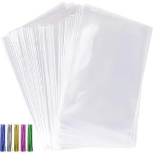 Tecbeauty 600pcs Cellophane Bags Kit-300pcs 3x4 inch Clear Cellophane Treat Bags Cello Cookie Bag, 300pcs Colors Ties for Wedding Birthday Party Favor Gift Packing