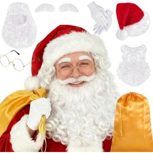 Christmas Santa Costume Set Includes Christmas Santa Hat Beard Wig White Gloves Glasses Present Bag for Xmas Costume