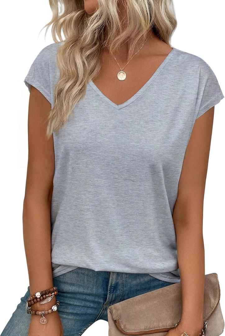 3 x Womens Summer Tops Short Cap Sleeve Shirts V Neck Basic Tees Casual Fashion T Shirts (Gray, M)