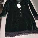 Women's Velvet Dress, Sexy V Neck Long Sleeve Stretch Bodycon Formal Dress Elegant Pencil Skirt with Lace Trim for Wedding Party Anniversary-Dark Green-L