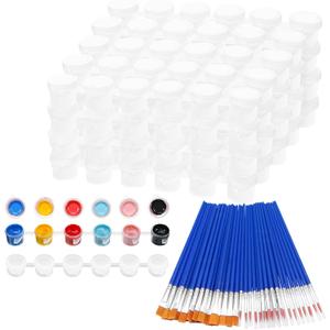 Draupnir 20 Strips 120 Pots Empty Paint Pots Strips With Lid Mini Clear Storage Containers and 40 Pieces Paint Brushes Painting Arts Crafts Supplies for Classrooms Schools Paintings Art Festivals (5ml)