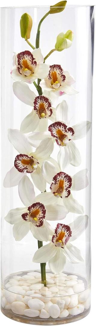 Nearly Natural Cymbidium Orchid Artificial Arrangement in Tall Cylinder Vase
