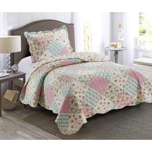 Brilliant Sunshine Roses Quilt Set, 2-Piece Bedding Sets with 1 Sham, Patchwork Design, Washable and Reversible Bedspread, Soft Lightweight Coverlet, All-Season, Twin/Twin XL, Pink Green