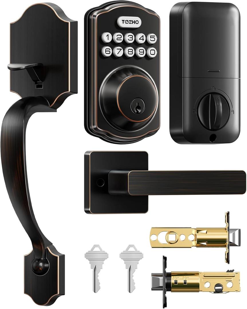 TEEHO TK001H Keyless Entry Door Lock with Handle Set, Electronic Deadbolt Keypad Door Lock with Code, Smart Locks for Front Door, Exterior Door Handle, Auto-Lock, Easy to Install, Oil-Rubbed Bronze