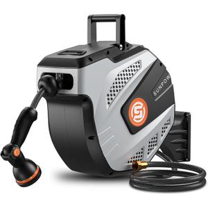 SUNPOW Retractable Garden Hose Reel - 1/2 inch x 85ft Heavy Duty Wall Mounted Hose Reel with 3/4 inch Brass Fitting & 10 Sprayer Nozzle - Any Length Lock, Auto Rewind System, 180°Swivel Bracket- Grey