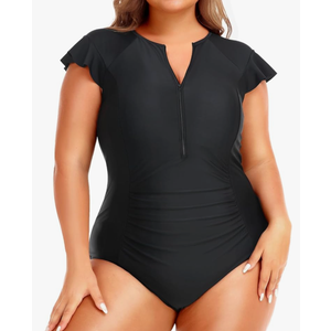 Holipick Plus Size One Piece Swimsuit for Women Tummy Control Cap Sleeves Bathing Suits Zipper Front Rash Guard Swimwear, Small