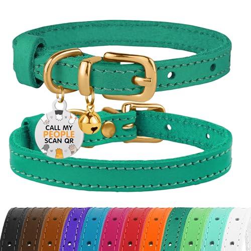 BRONZEDOG Leather Cat Collar with Bells Non Breakaway Kitten QR Tag for Girl Boy (7" - 9" for Cats, Green & Gold) 1 Ct
