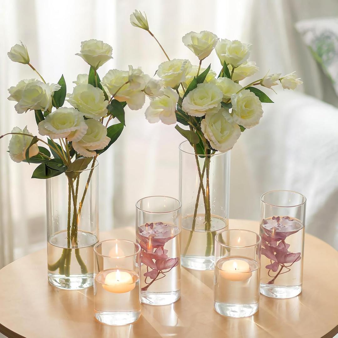Hewory Thickened Glass Cylinder Vases: Set of 6 Clear Flowers Vases for Wedding Home Table Centerpieces Decorations - Hurricane Candle Holders for Floating Pillar Candles