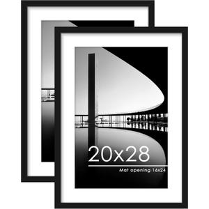 PEALSN 20x28 Picture Frame Set of 2, Display Pictures 16 x 24 with Mat or 20 x 28 Without Mat for Wall Mounting Display, Poster Frames, Black
