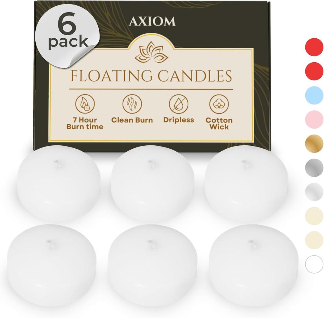 Axiom White Floating Candles for centerpieces - 4 Hours Burning Time Dripless 2 inch Floating Candles - Natural Hand Rolled Wax Candles for Valentine's Day,Parties, Celebration (6 Pack)