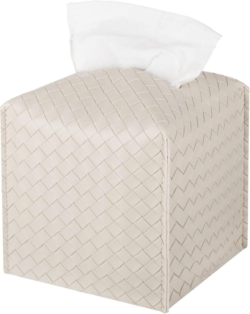 Tissue Box Cover PU Leather Tissue Holder Square Facial Tissue Case Facial Paper Organizer Dispenser for Bathroom, Vanity Countertop, Tabletop, Car, Griege