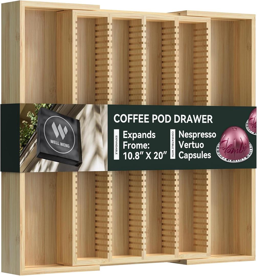 Larger Expandable Bamboo Organizer Holder for Counter Drawer Insert - Compatible with Nespresso Vertuo Capsules - Tea Bags Storage (Natural) 10.8" -19"W x15.67"Dx1.9"H