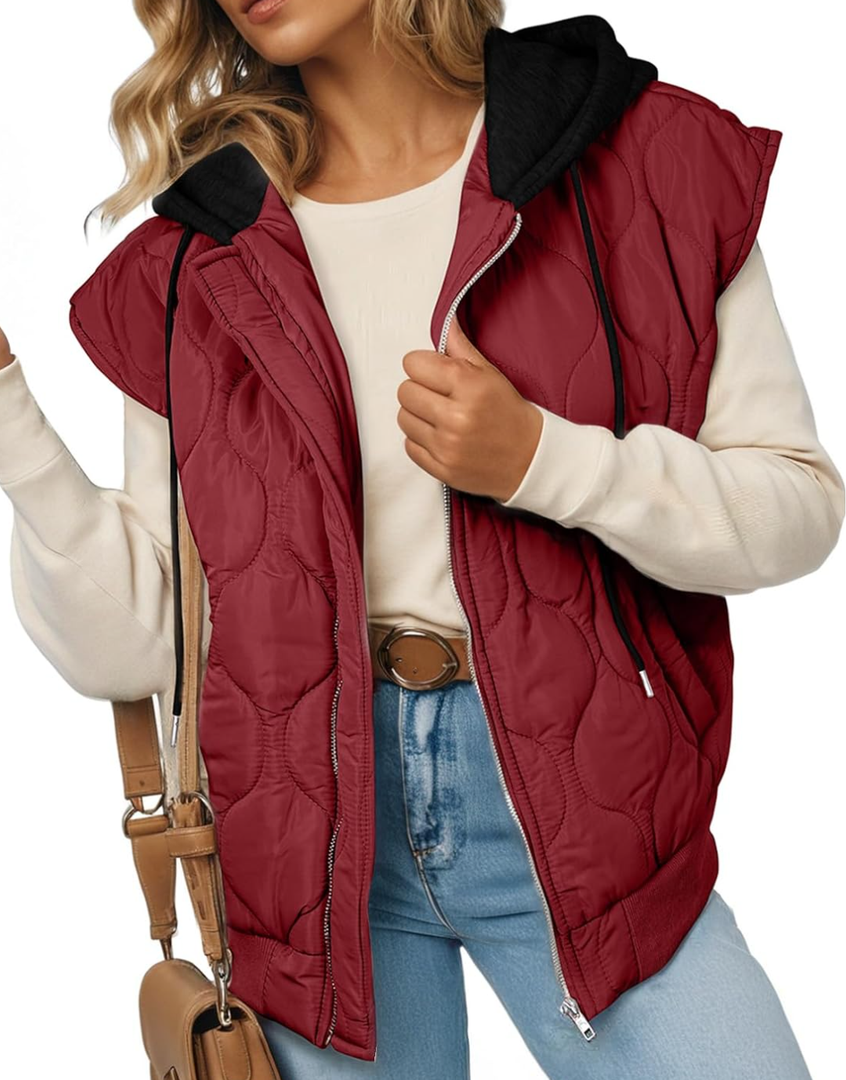 EVALESS Puffer Vest Women Cropped Hooded Zip Up Quilted Sleeveless Jackets 2025 Fall Lightweight Coat with Pockets XL