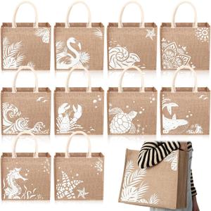 Coume 10 Pack Beach Burlap Tote Bags Bulk Large Beach Jute Tote Bags with Handles 14.2"x 12.6"x 7.5" for DIY Wedding Gift(White)