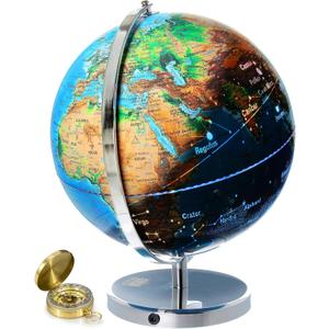 Interactive World Globe for Adults - Large 13 Inch Globe with Stand - Earth Globe with Illuminated Constellations Light Up at Night - Geographic Map for Kids - Educational Learning Gift - Compass to navigate it!