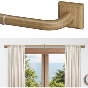 Boho Wood Grain Curtain Rods for Windows 66-120Inch(5.5-10ft) Heavy Duty Wrap Around Blackout Curtain Rods, Adjustable Room Darkening Drapery Rod for Bedroom, Living Room & Outdoor, Stainless Steel